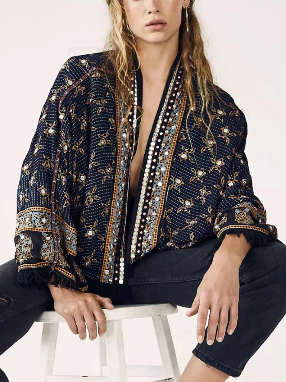 FREE PEOPLE - Ray Of Light Embellished Embroidered Black Fringe Trim Jacket - XL
